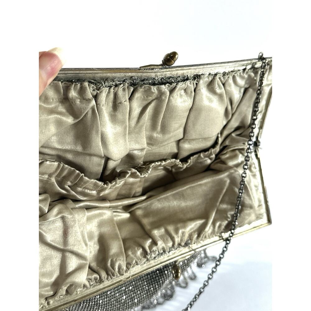 Antique Art Deco Silver Tone Mesh Evening Purse Beaded Fringe Chain Handle 1920s - Picture 10 of 11
